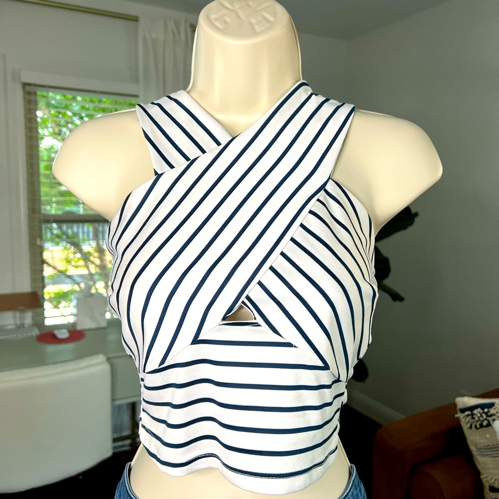 Size small navy striped crop top with criss cross and keyhole design